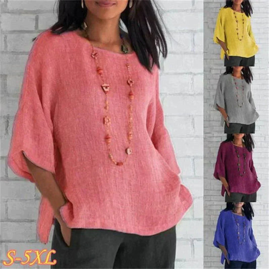 👚Bawełniany top lniany z siedmioma rękawami i okrągłym dekoltem
