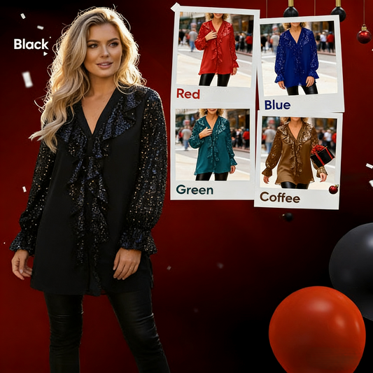 ⏰Dámská halenka s výstřihem do V, šifonová, s flitry, dlouhé rukávy🎁