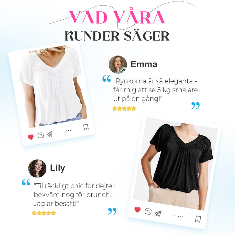 ✨ Dam Topp med Rynkade Detaljer, V-hals och Korta Ärmar-5