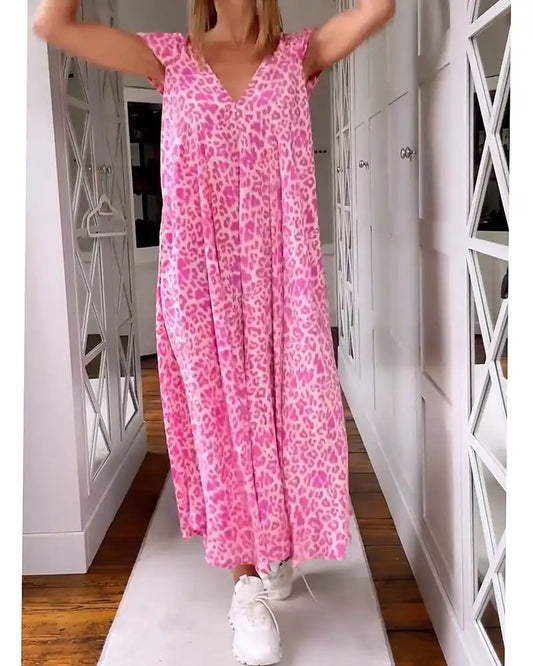 💖Długa sukienka z krótkim rękawem i nadrukiem V-neck