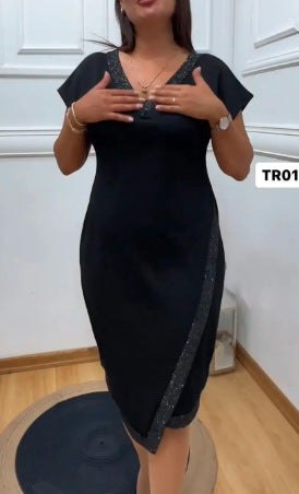 ✨Elegancka sukienka z dekoltem w szpic, krótkimi rękawami i patchworkowym wzorem