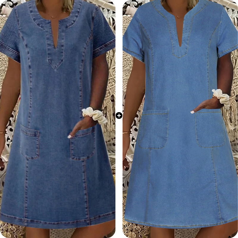 👗 50 % RABATT NU! 🌸Kortärmad denimklänning med V-ringning för dam-15