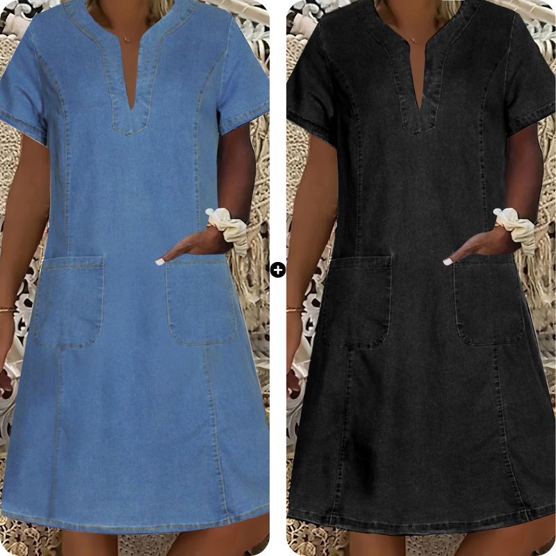 👗 50 % RABATT NU! 🌸Kortärmad denimklänning med V-ringning för dam-16