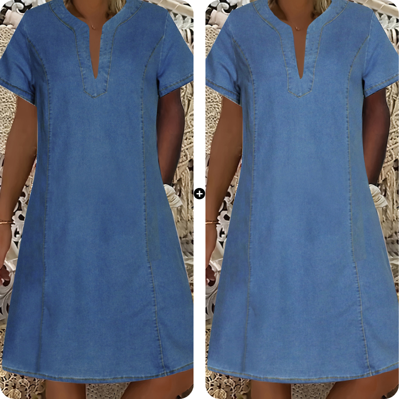 👗 50 % RABATT NU! 🌸Kortärmad denimklänning med V-ringning för dam-19