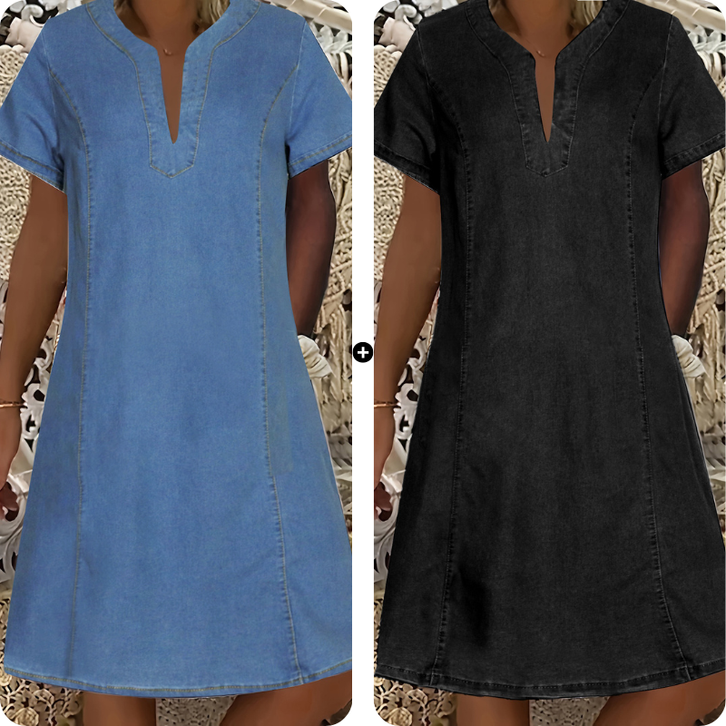 👗 50 % RABATT NU! 🌸Kortärmad denimklänning med V-ringning för dam-18