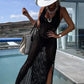 🦋Hot Sale-exquisite knitwear🎁Deserted Island Crochet Knit Cross Back Cover Up Maxi Dress