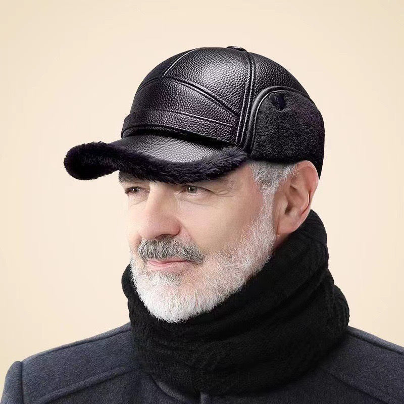🧢🐂Ny vinterhatt för män med fårskinn platt topp öronskydd-9