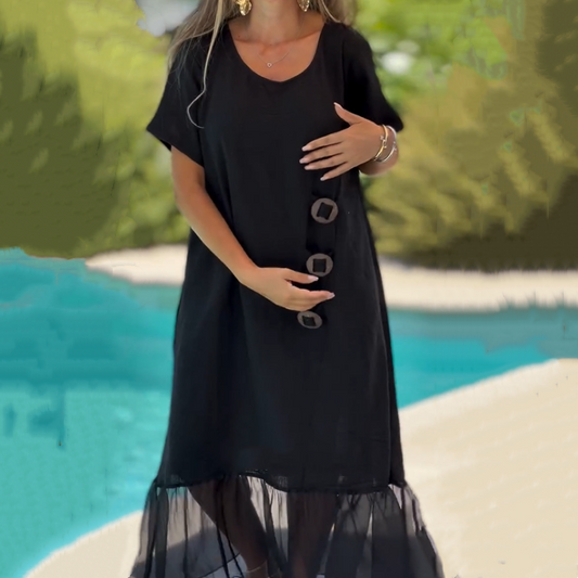 👗Damska czarna zwiewna sukienka maxi z krótkim rękawem✨