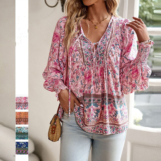 🌺Damska modna koszula z długim rękawem z nadrukiem V-Neck