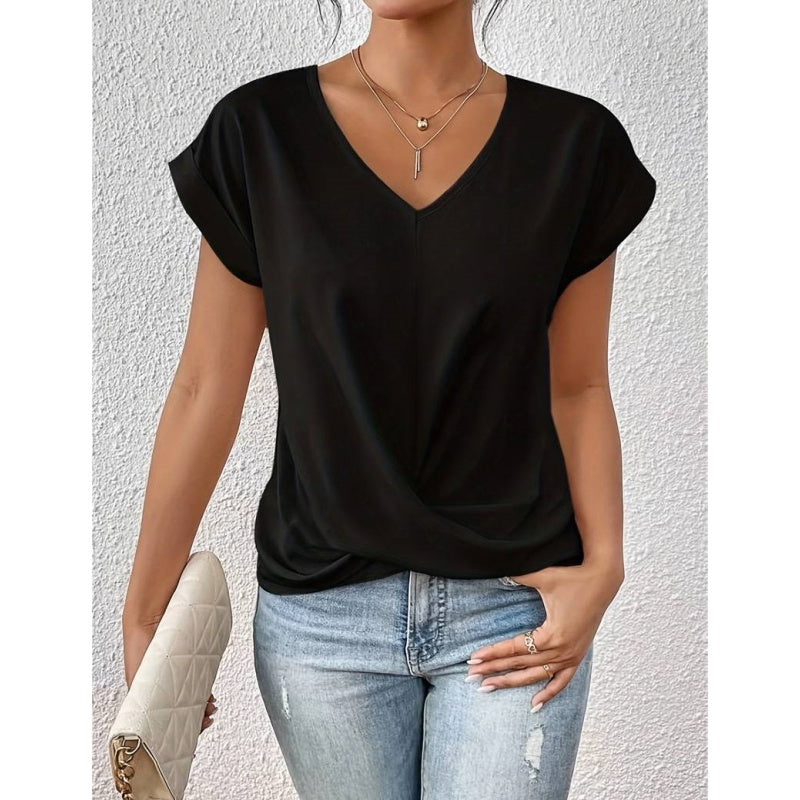 👚 50% RABATT! 💃 Elegant Kortärmad T-shirt med Vriden V-ringning – Mjukt Tyg, Figursydd Silhuett & Perfekt För En Stilren Vardagslook 🌸-2