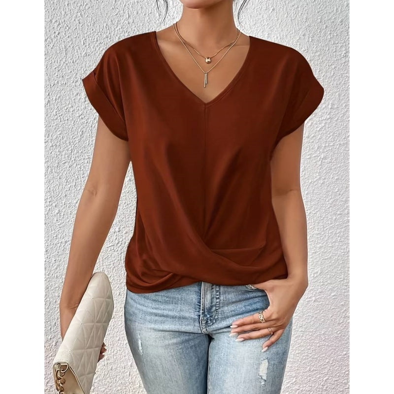 👚 50% RABATT! 💃 Elegant Kortärmad T-shirt med Vriden V-ringning – Mjukt Tyg, Figursydd Silhuett & Perfekt För En Stilren Vardagslook 🌸-3