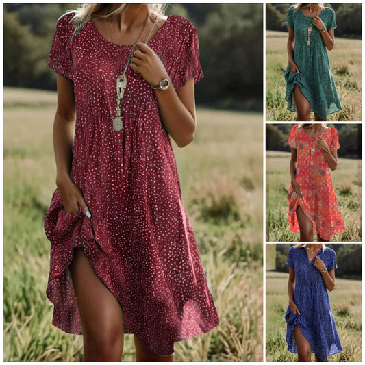 🌺Elegancka zielona sukienka midi z krótkim rękawem w kropki