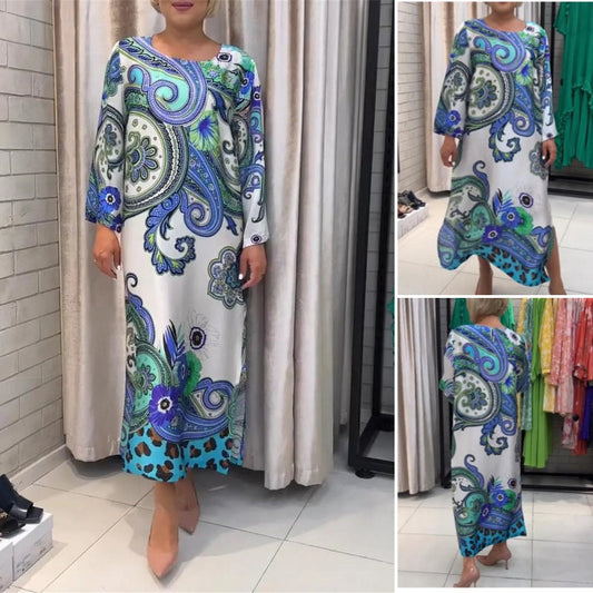 🌸Elegancka długa sukienka z kwiatowym nadrukiem i okrągłym dekoltem