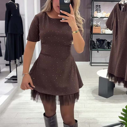 🔥Horké nabídky – Dámské minišaty s krátkými rukávy a třpytivou krajkovou výzdobou | Elegantní a třpytivé