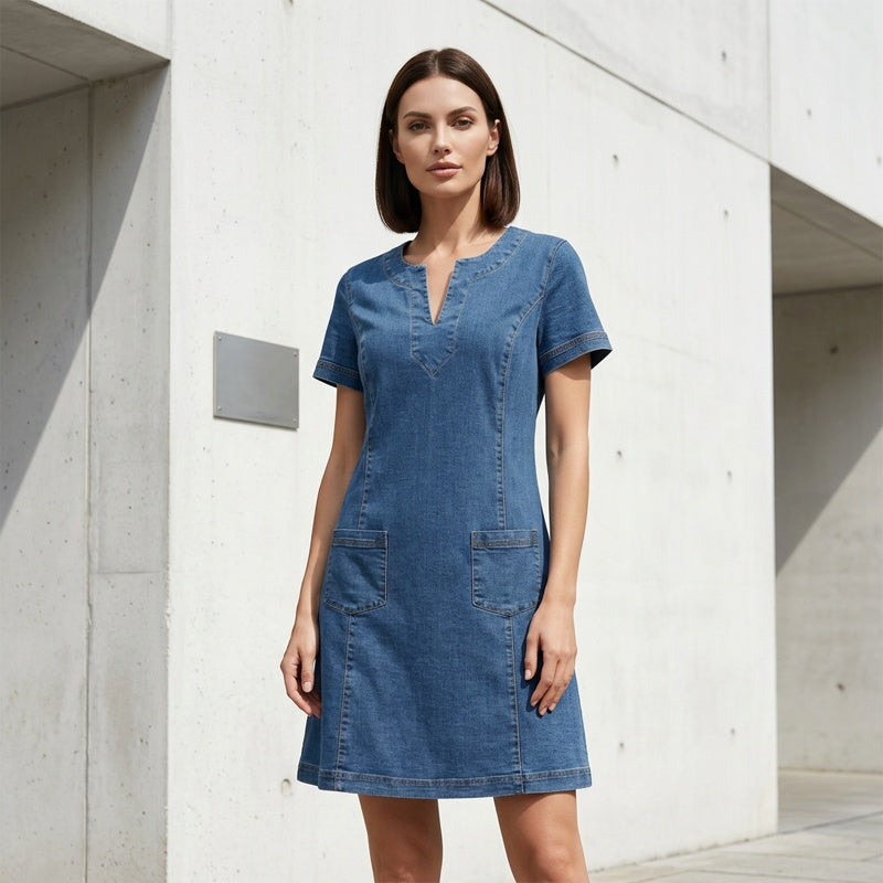 👗 50 % RABATT NU! 🌸Kortärmad denimklänning med V-ringning för dam-2