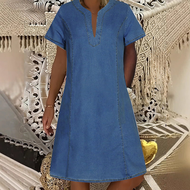 👗 50 % RABATT NU! 🌸Kortärmad denimklänning med V-ringning för dam-11