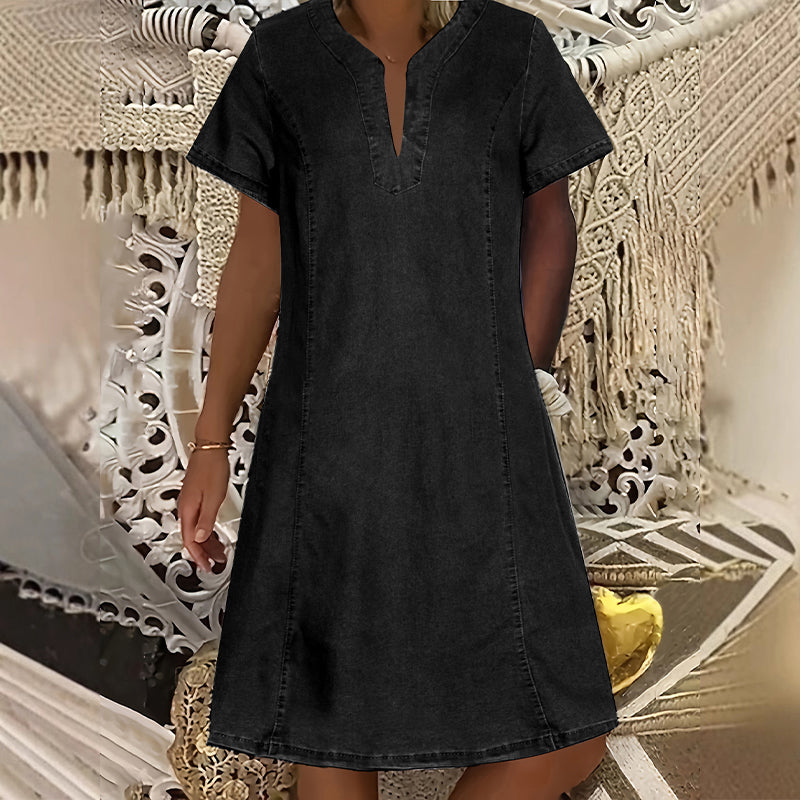 👗 50 % RABATT NU! 🌸Kortärmad denimklänning med V-ringning för dam-13
