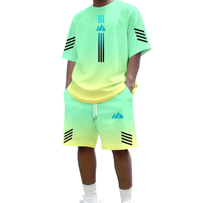 👕🌊 Tvådelat Set med Sommar-T-shirt & Shorts för Män – Gradientmönster & Andande Tyg – Perfekt för Streetwear, Sport & Vardag ☀️-16