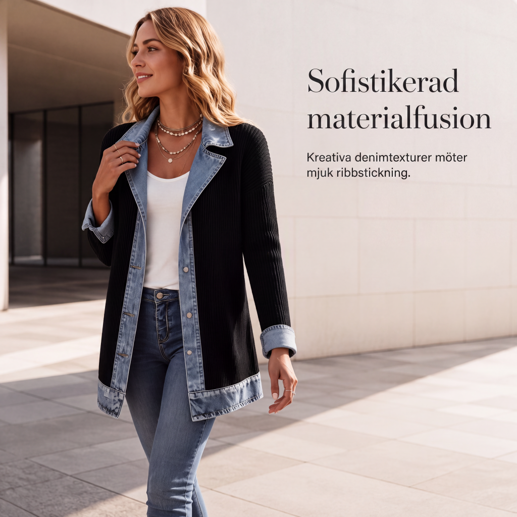🧥Elegant ribbstickad kappa för dam med jeansdetaljer-2