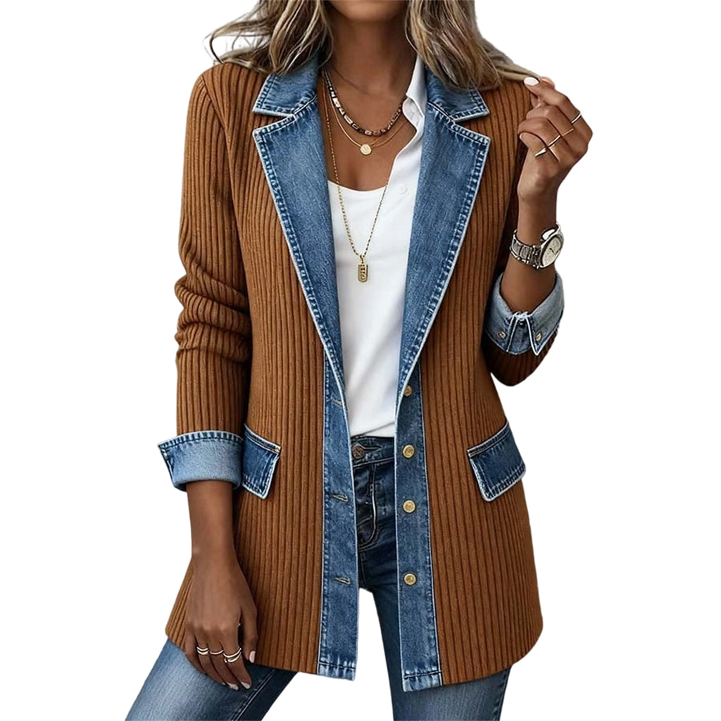 🧥Elegant ribbstickad kappa för dam med jeansdetaljer-12