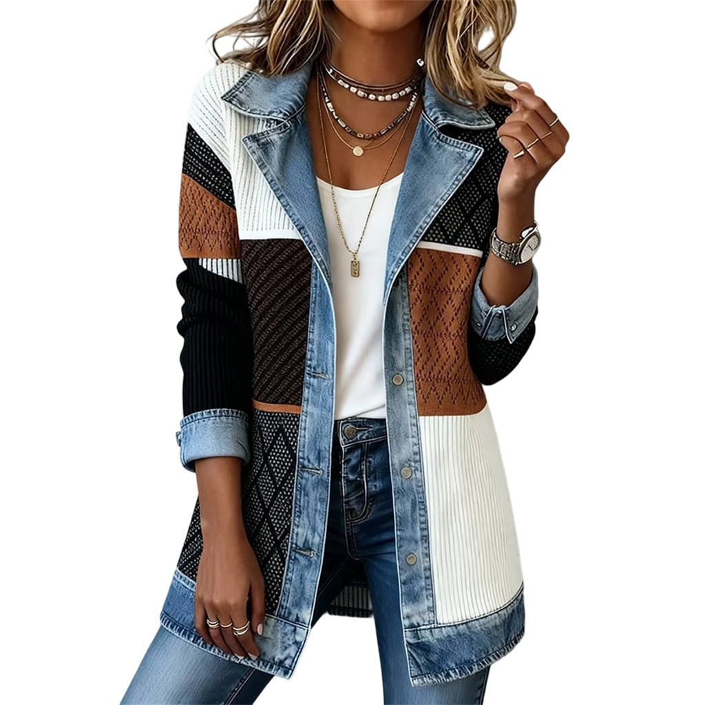 🧥Elegant ribbstickad kappa för dam med jeansdetaljer-13