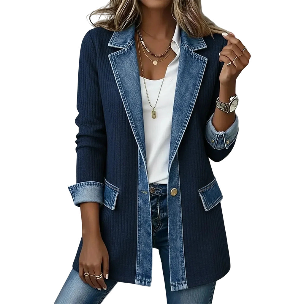 🧥Elegant ribbstickad kappa för dam med jeansdetaljer-15