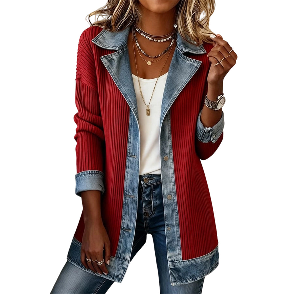 🧥Elegant ribbstickad kappa för dam med jeansdetaljer-16