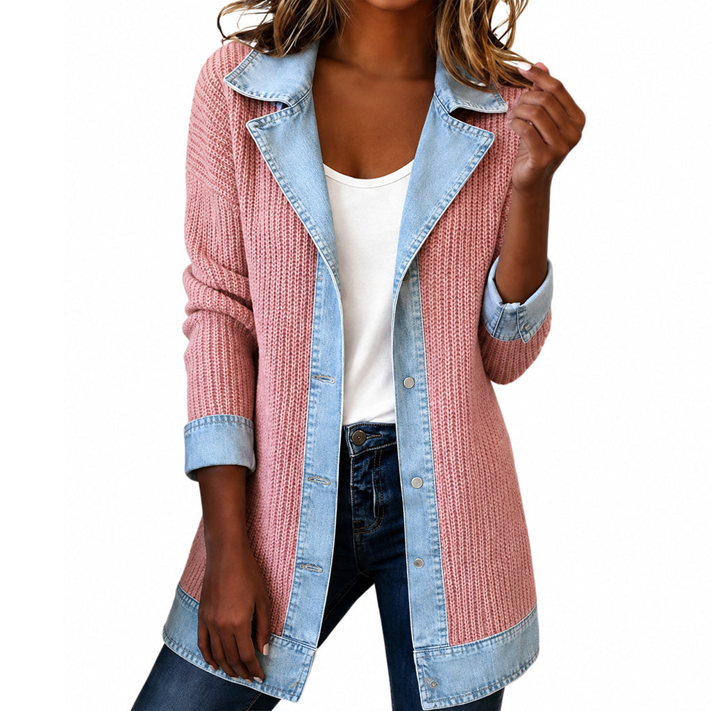 🧥Elegant ribbstickad kappa för dam med jeansdetaljer-18