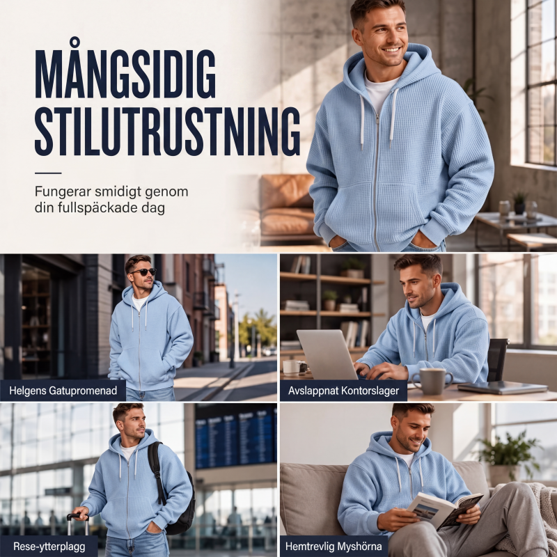 Bästsäljare🔥 🧥 Våffelstickad hoodie med hel dragkedja – oversize-passform för urban streetwear-7