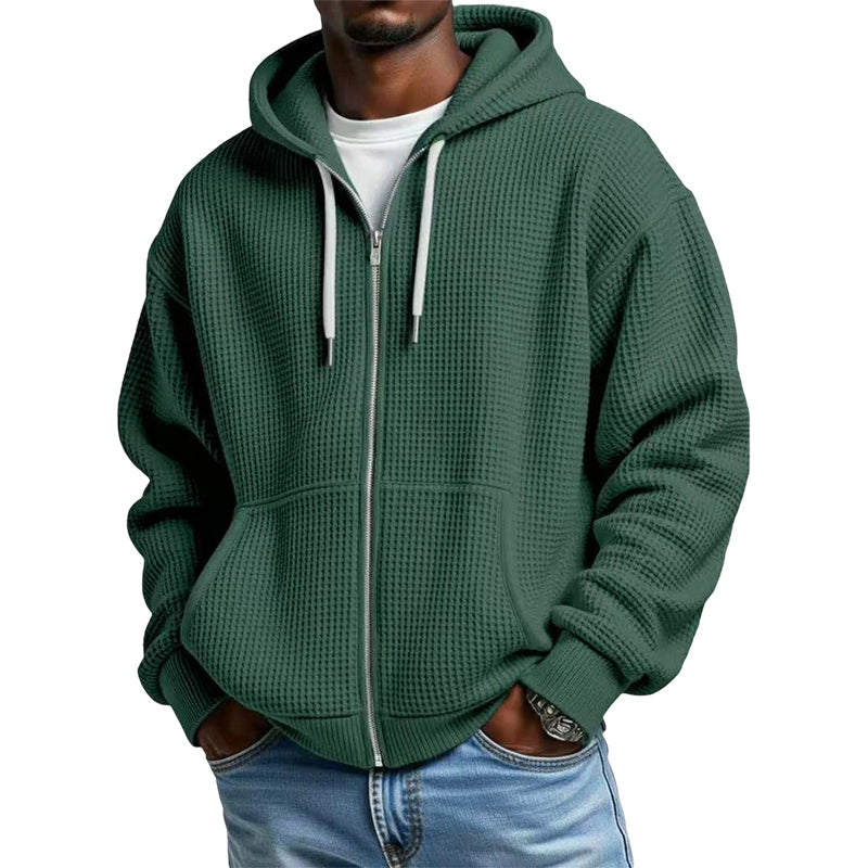 Bästsäljare🔥 🧥 Våffelstickad hoodie med hel dragkedja – oversize-passform för urban streetwear-14