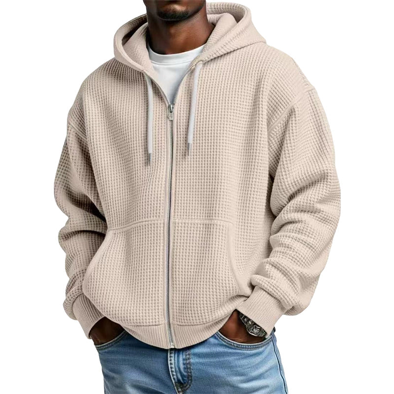 Bästsäljare🔥 🧥 Våffelstickad hoodie med hel dragkedja – oversize-passform för urban streetwear-16