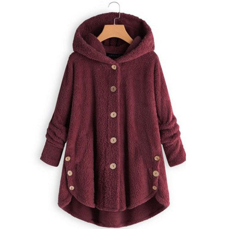 🔥 50% RABATT! Damvinterkjacka i enfärgad asymmetrisk design med knappar och mjuk, plyschig fleece-2