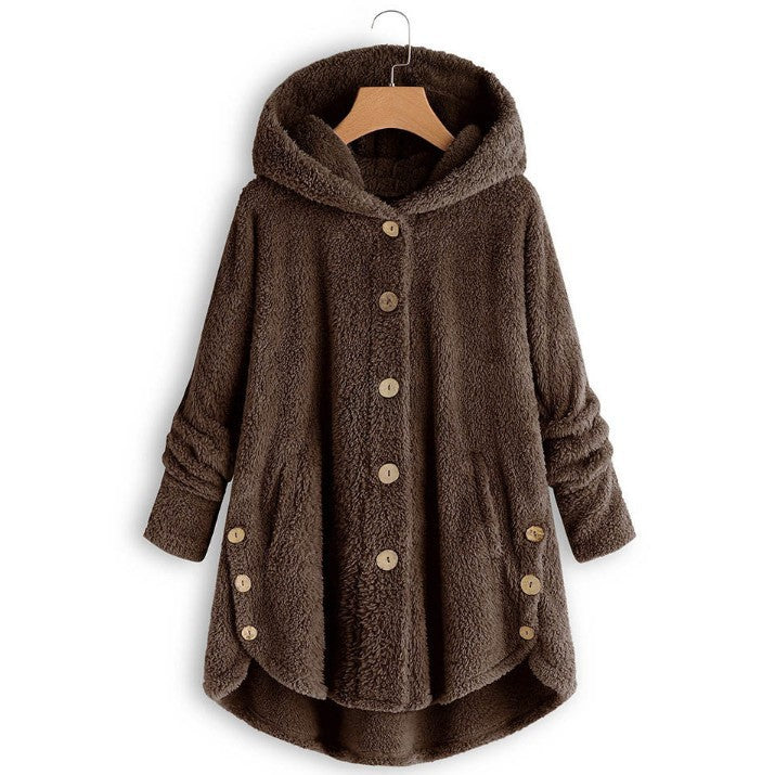 🔥 50% RABATT! Damvinterkjacka i enfärgad asymmetrisk design med knappar och mjuk, plyschig fleece-3