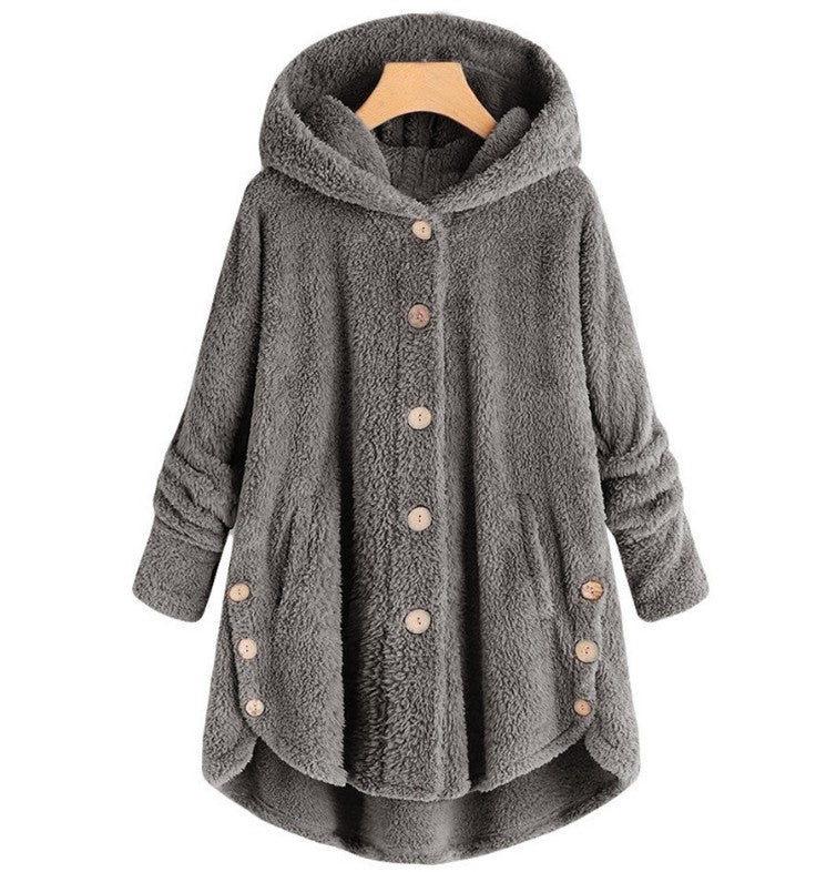 🔥 50% RABATT! Damvinterkjacka i enfärgad asymmetrisk design med knappar och mjuk, plyschig fleece-7