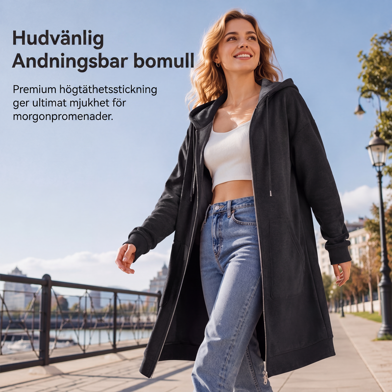 🧥Medellång huvtröja för kvinnor, ledig kofta med dragkedja och fickor-3
