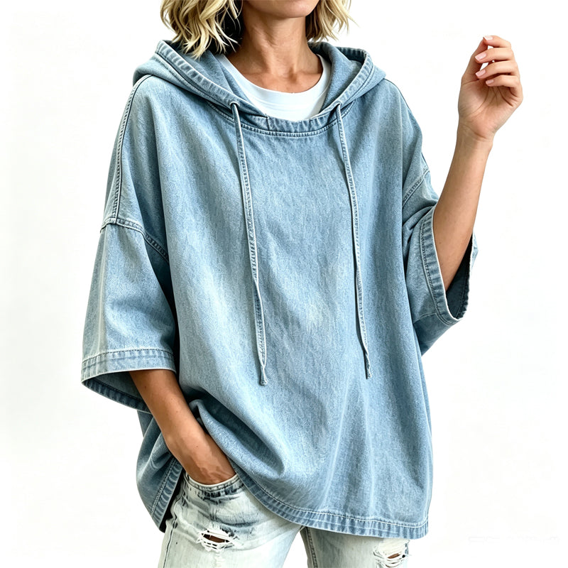Nya ankomster📦Damavslappnad luvtröja i denim med lös passform-7
