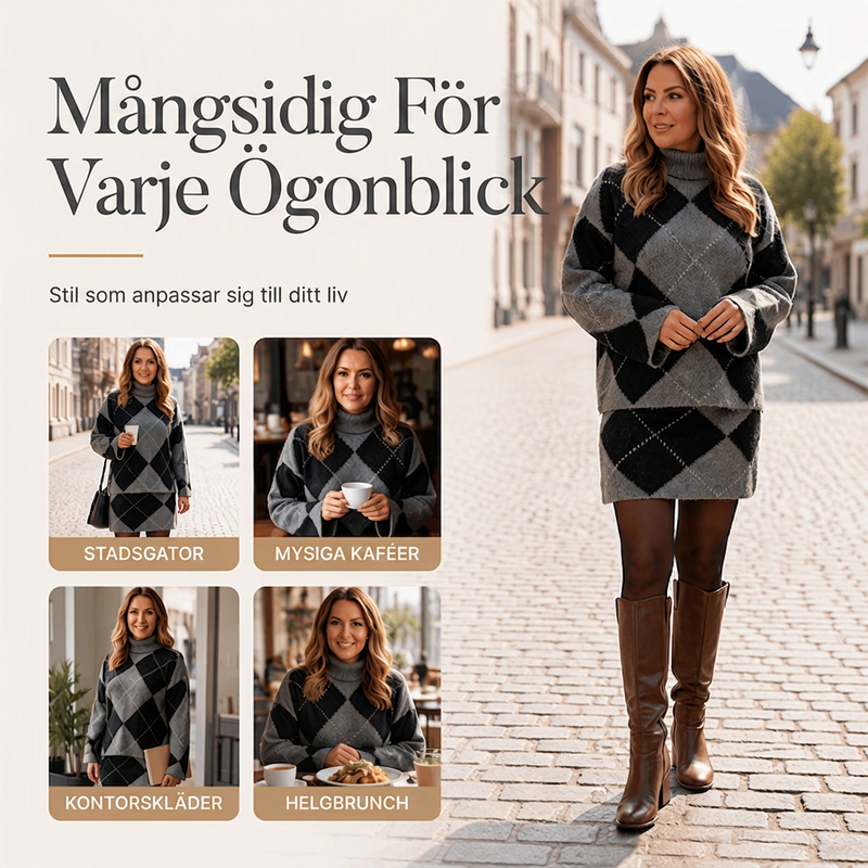 🍂Höstens bästsäljare|Set med argyle-stickad tröja och kjol för kvinnor-7