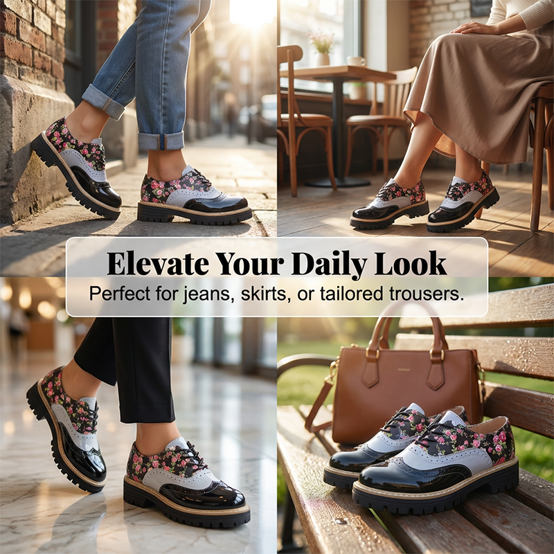 Damesbrogues met bloemenprint en plateauzool-5
