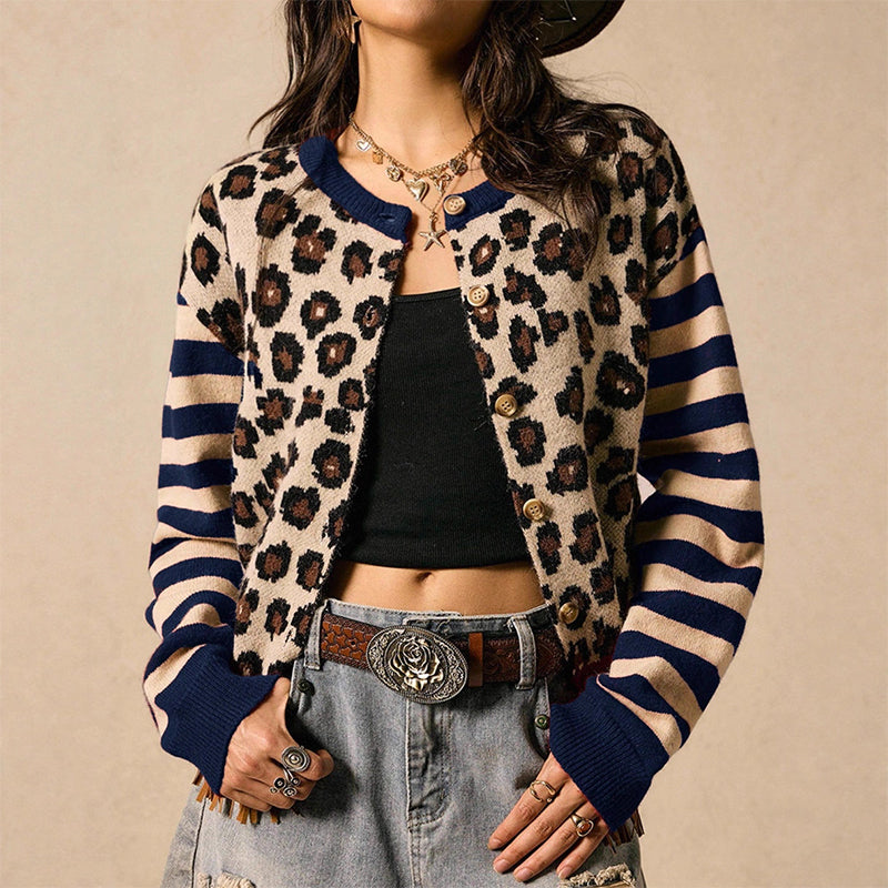 Tidlös Stickad Cardigan Dam – Mjuk Kofta med Elegant Leopardmönster-2