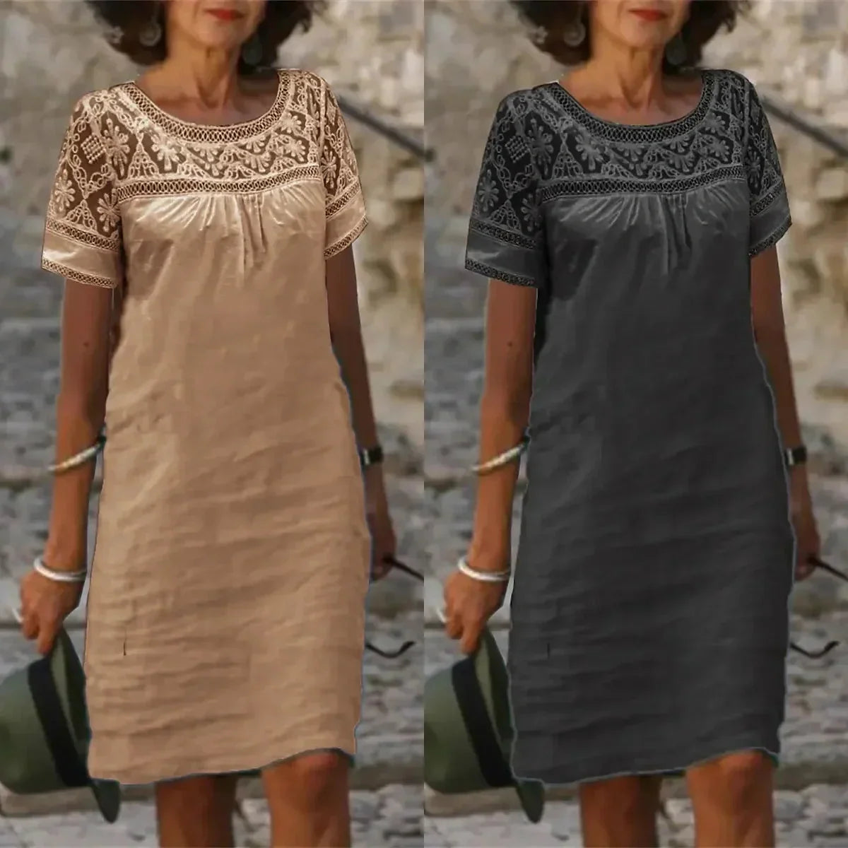 Women’s Casual Lace Round Neck Dress-2