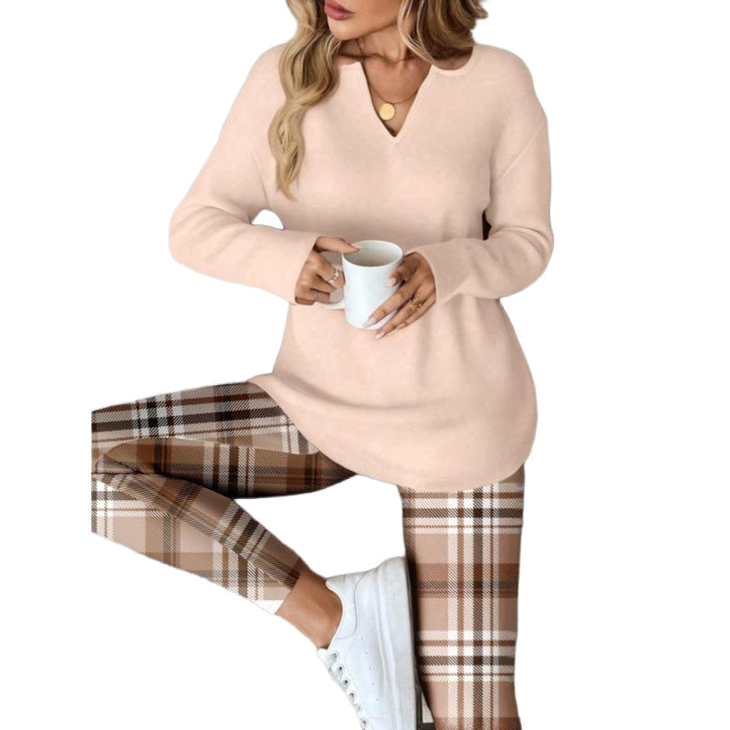 🚚 Fri frakt på just den här produkten!  Set med stickad topp och rutiga leggings för kvinnor-8
