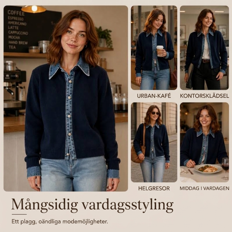 Damstickad tröja i falsk 2-delad design med denimgrage-4