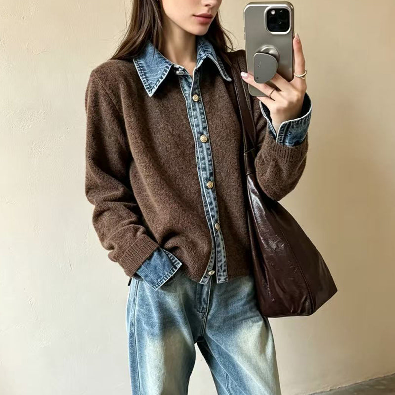 Damstickad tröja i falsk 2-delad design med denimgrage-8