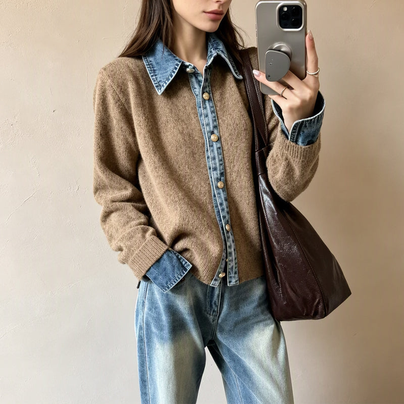 Damstickad tröja i falsk 2-delad design med denimgrage-14