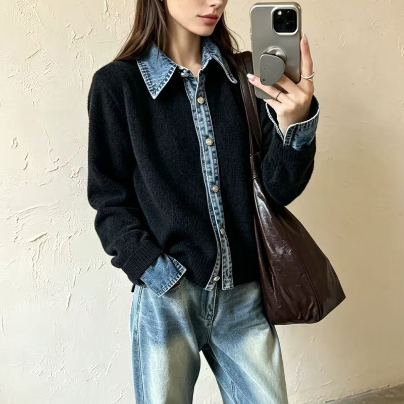 Damstickad tröja i falsk 2-delad design med denimgrage-15