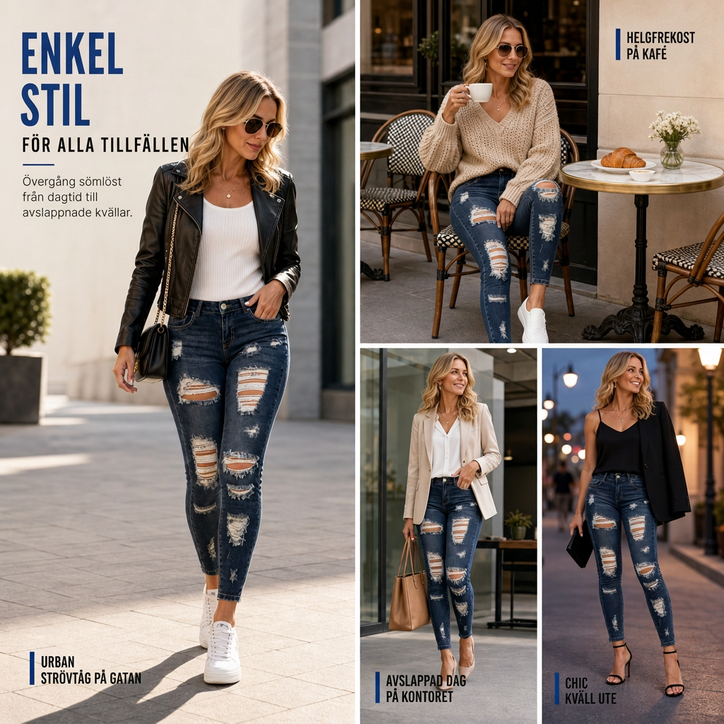 Kvinnors slitna skinny jeans med hög midja, distressed jeans med stretch-5