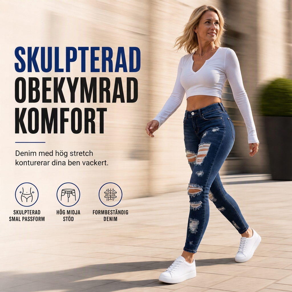 Kvinnors slitna skinny jeans med hög midja, distressed jeans med stretch-1