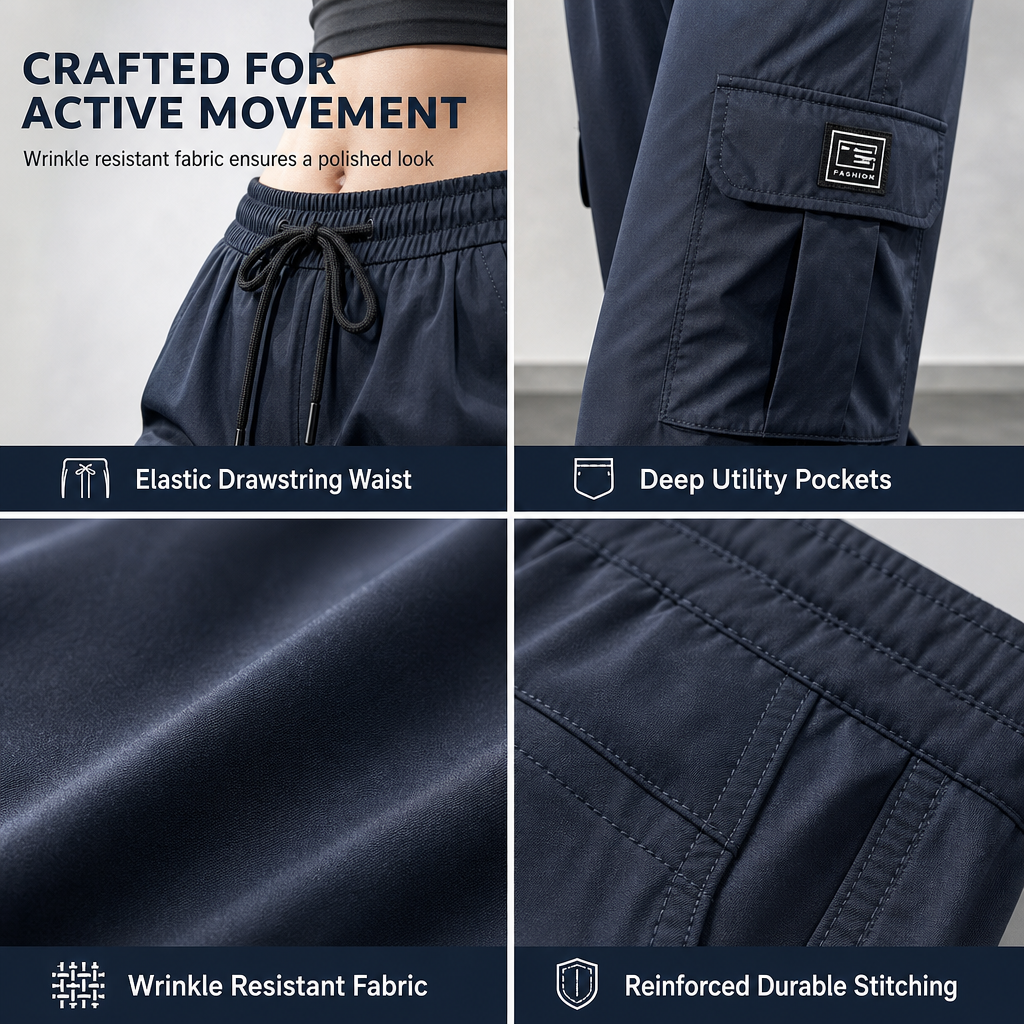 Dammiga cargo-byxor med relaxed fit och raka ben, elastisk dragsko i midjan och sidofickor-3