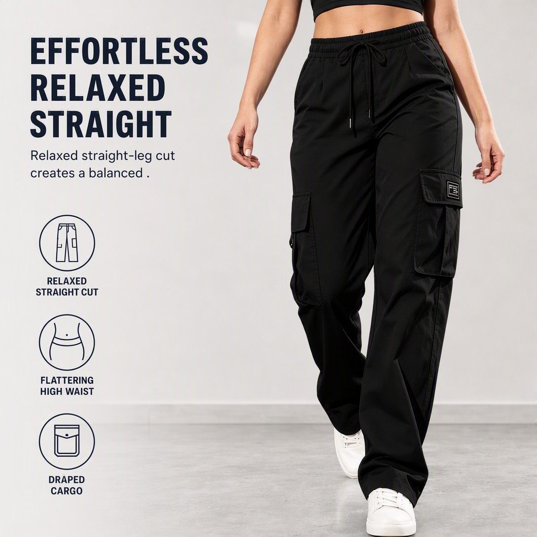 Dammiga cargo-byxor med relaxed fit och raka ben, elastisk dragsko i midjan och sidofickor-4