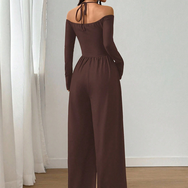 Elegant djup V-ringad jumpsuit med halterneck för kvinnor-1